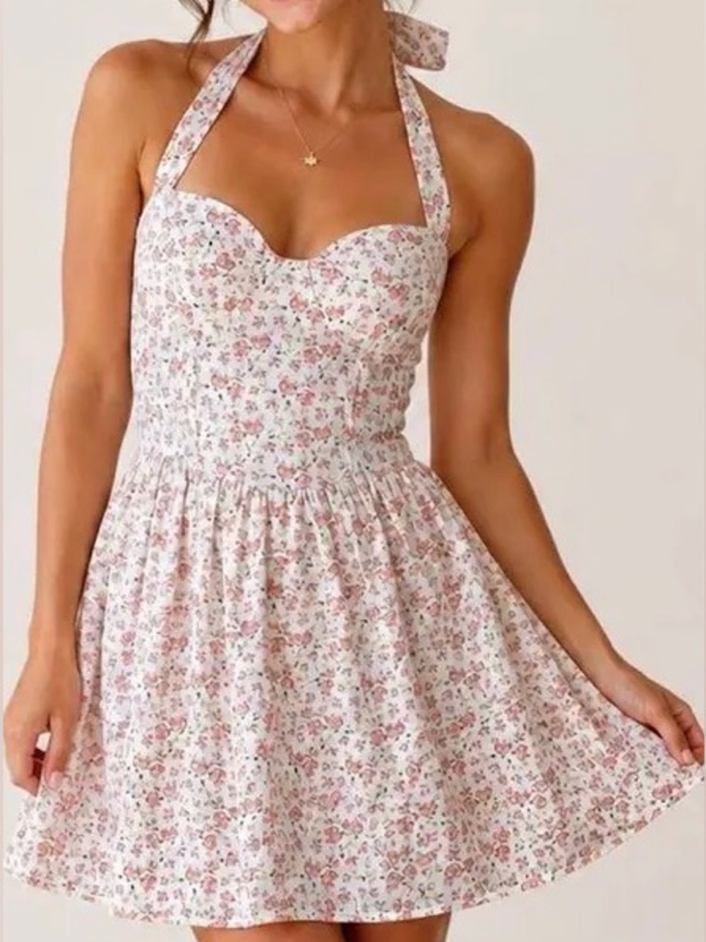 Princess Polly Pink White Floral Halter Tie Mini Dress